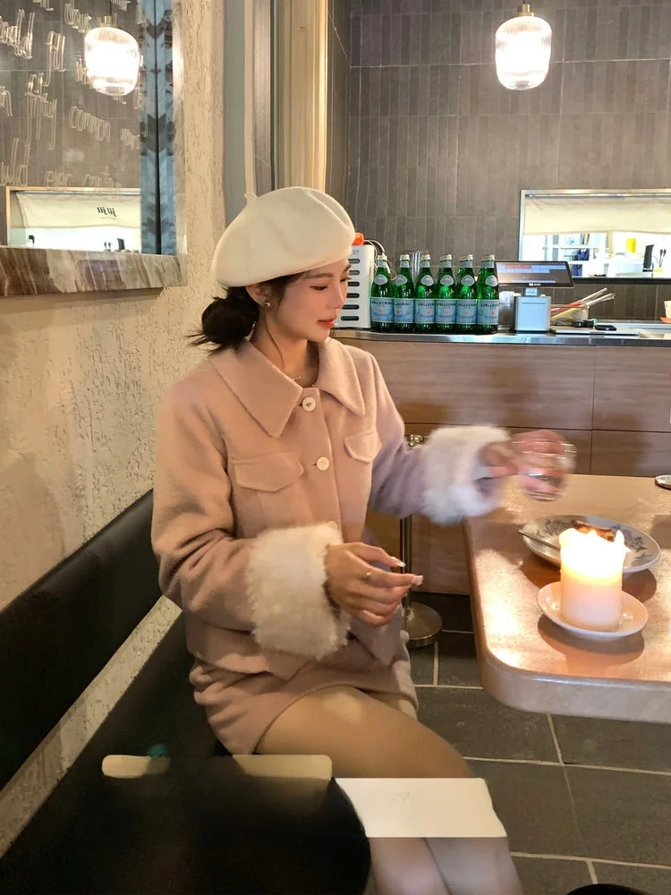 

Ele шерстяной женский комплект со съемным модным дизайном, зимняя коллекция, повседневный воротник из полиэстера с откидной крышкой и застежкой на пуговицы