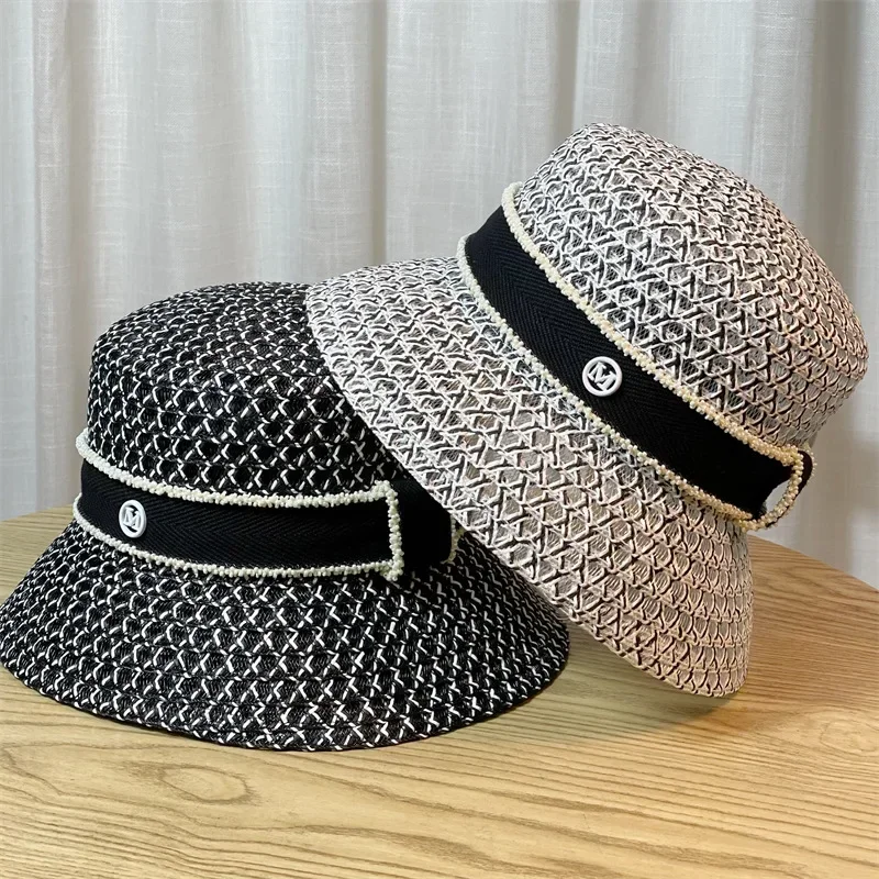 

Japanese Celebrity Alphabet Straw Bucket Hat for Kids - Travel Shading Cap, Spring Summer White Basin Tide Design