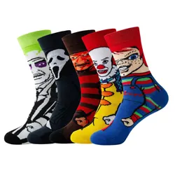 2 Pairs Of Men's Trendy Cartoon Anime Pattern Crew Socks, Breathable Cotton Blend Comfy Casual Unisex Socks For Men's Outdoor We