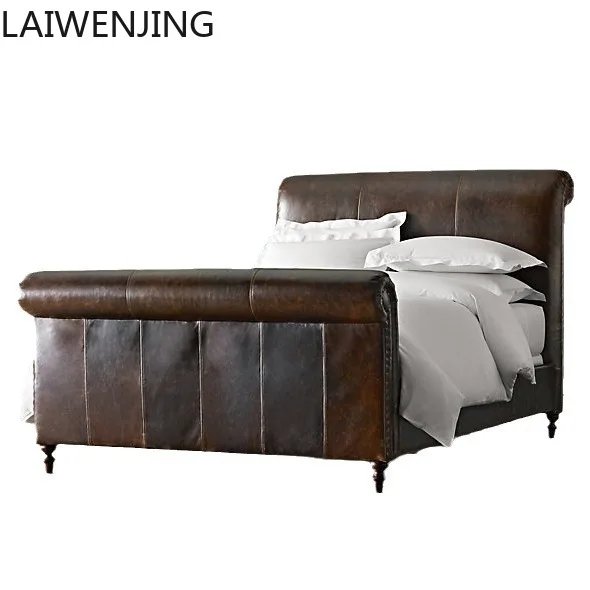 HLZ rural retro first-layer cowhide soft bag bed light luxury oil wax leather double bed