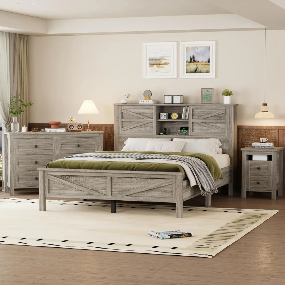 

queen size farmhouse style platform bed set with sliding door headboard storage, matching nightstand, and dresser