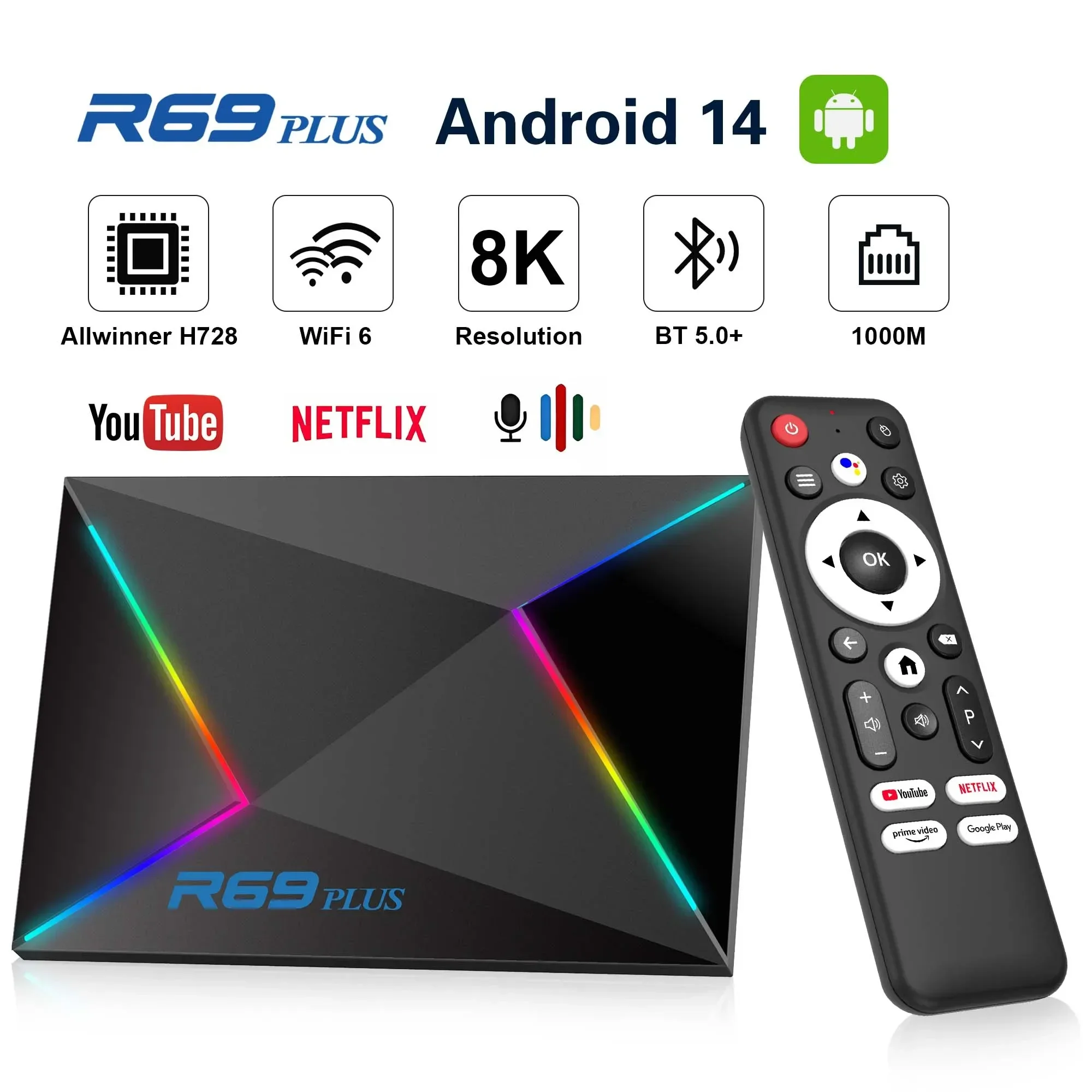 R69Plus TV Box Android14 AllwinnerH728 Octa-core Chip BT5 1000M LAN Dual WiFi Ondersteuning Netflix Chromecast Spraakassistent bediening