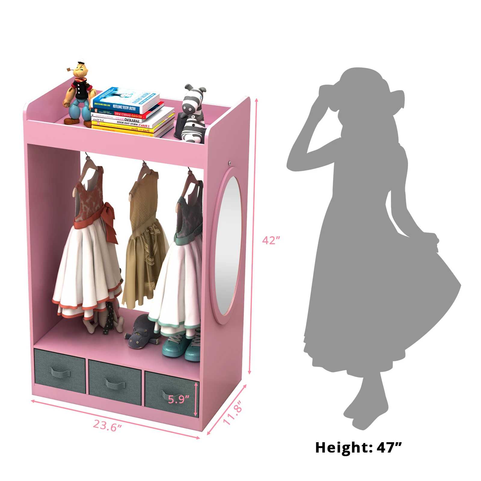 Organizer na kostiumy dla dzieci、 Stojak na kostiumy、Szafa dla dzieci、Open Hanging Armoire Szafa z lustrem-RÓŻOWY