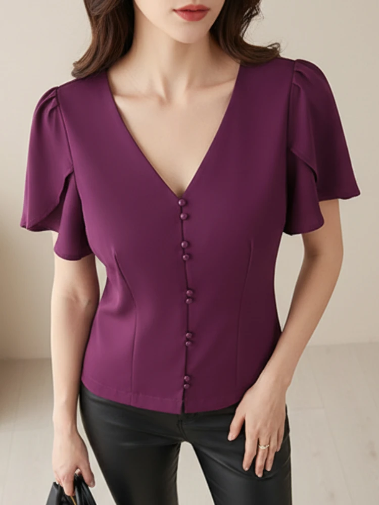 ZANZEA femmes chemises élégantes mode col en v manches courtes pétales coupe ajustée couleur unie hauts courts printemps été 2026 femme vêtements