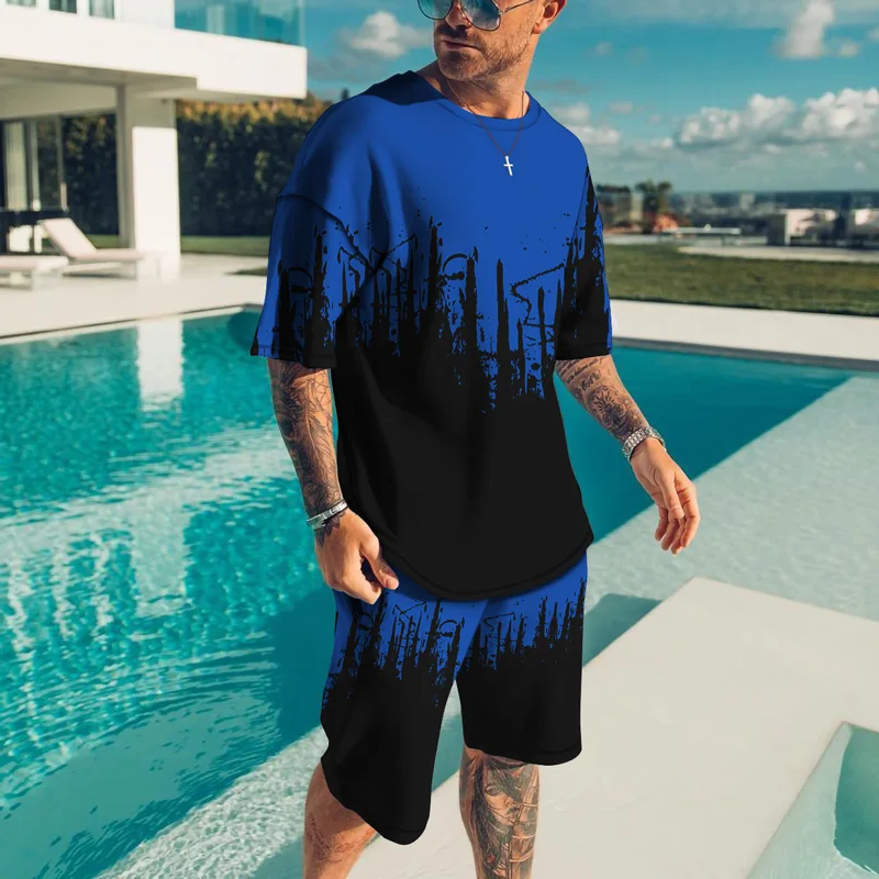 

2024 Hawaii Vacation Men's Clothing Capable and Distinctive Ribbon Gradient Short Sleeve 3D T-Shirt Beach Pants Set Hearty High