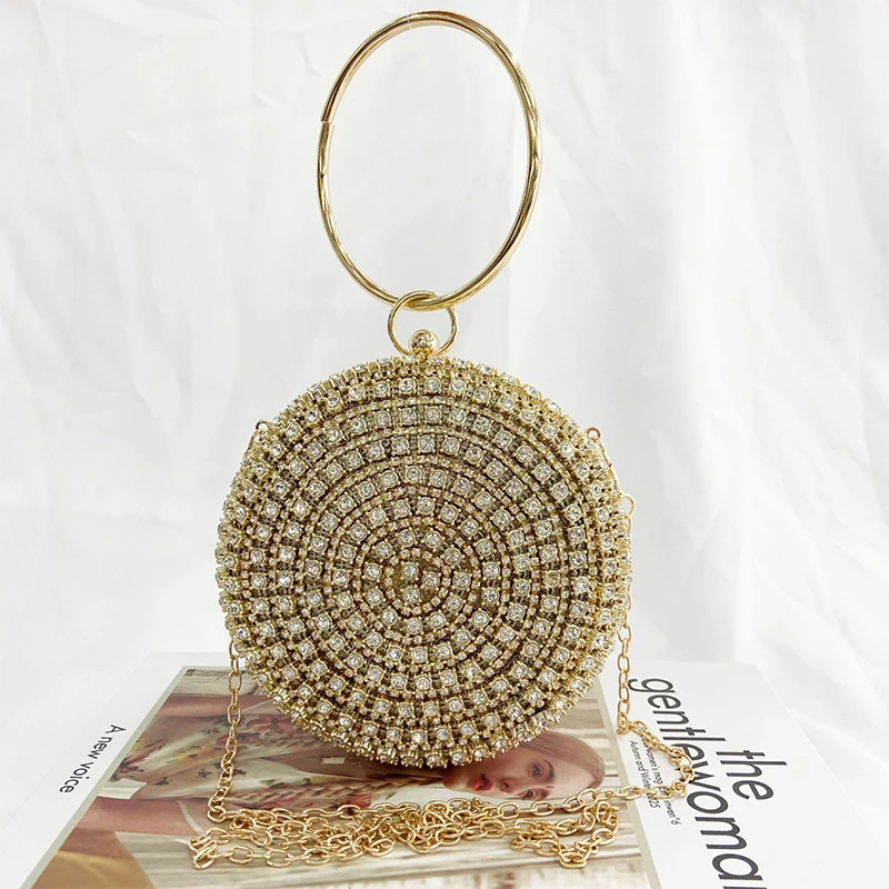 Bolso de mano con diamantes de imitación para mujer, bolsa con asa superior redonda, de lujo, color dorado, para fiesta de noche, 2024