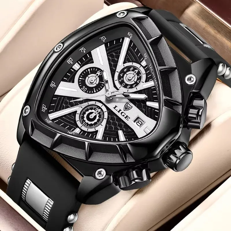 LIGE جديد ساعات رجالي الإبداعية مثلث كوارتز ساعة اليد مؤشرات مضيئة العسكرية المطاط حزام ساعة الرجال ساعة مقاومة للماء