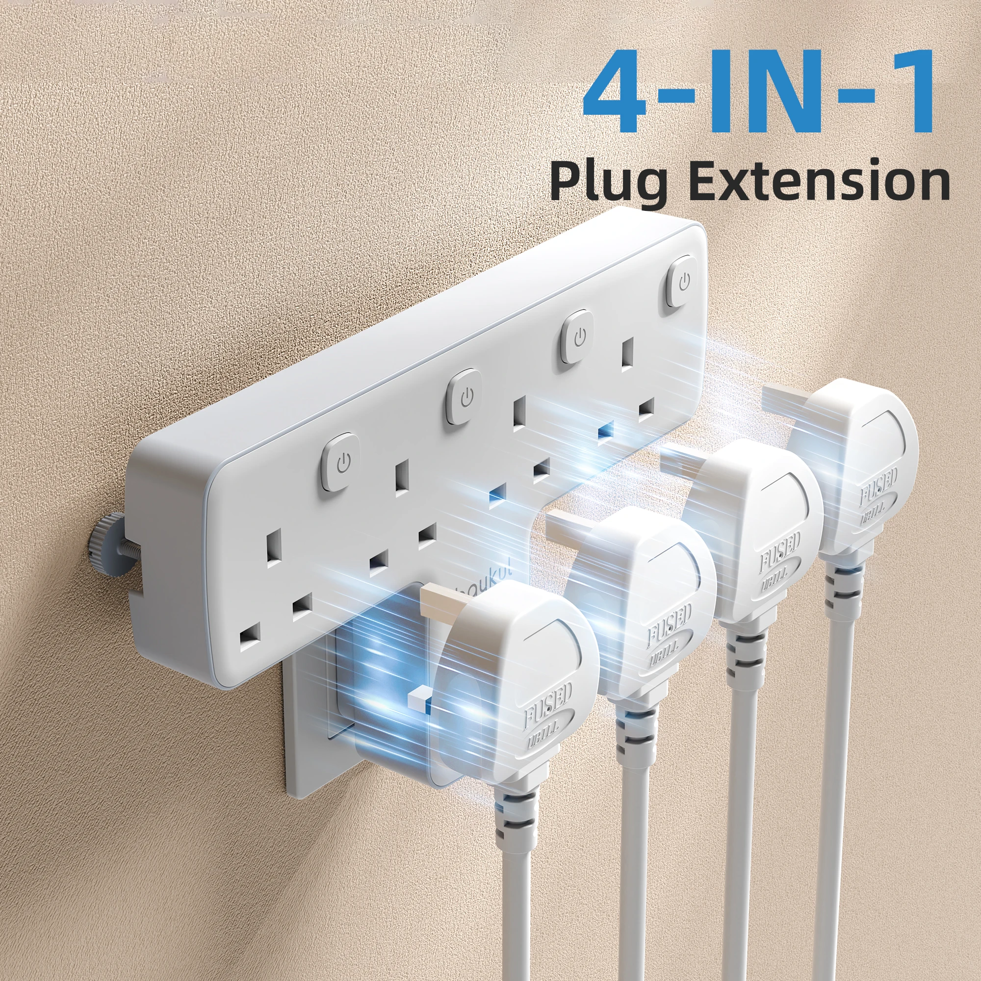 UK Wall Mount Socket Extender 180° Rotating Plug 4 Way Switched Multi Plug Adaptor 3250W 13A Fuse Overload Flame Retardant