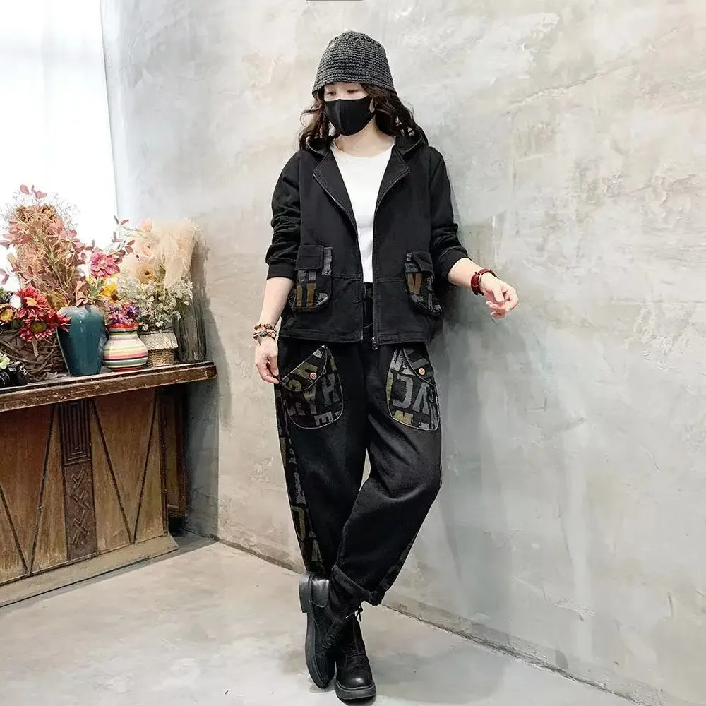 Spring Autumn Denim Jacket Suits Women Retro Hooded Patchwork Letter Jeans Pants Outfit Large Size Denim Coat Two-Piece Set Z301