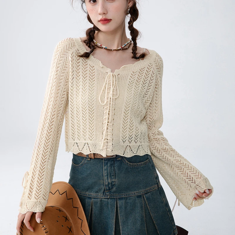 Bandage Cardigan Hollow Out Women Breathable Aesthetic Hipster Spring Versatile Sweet Holiday Mori Girls Korean Style Cropped