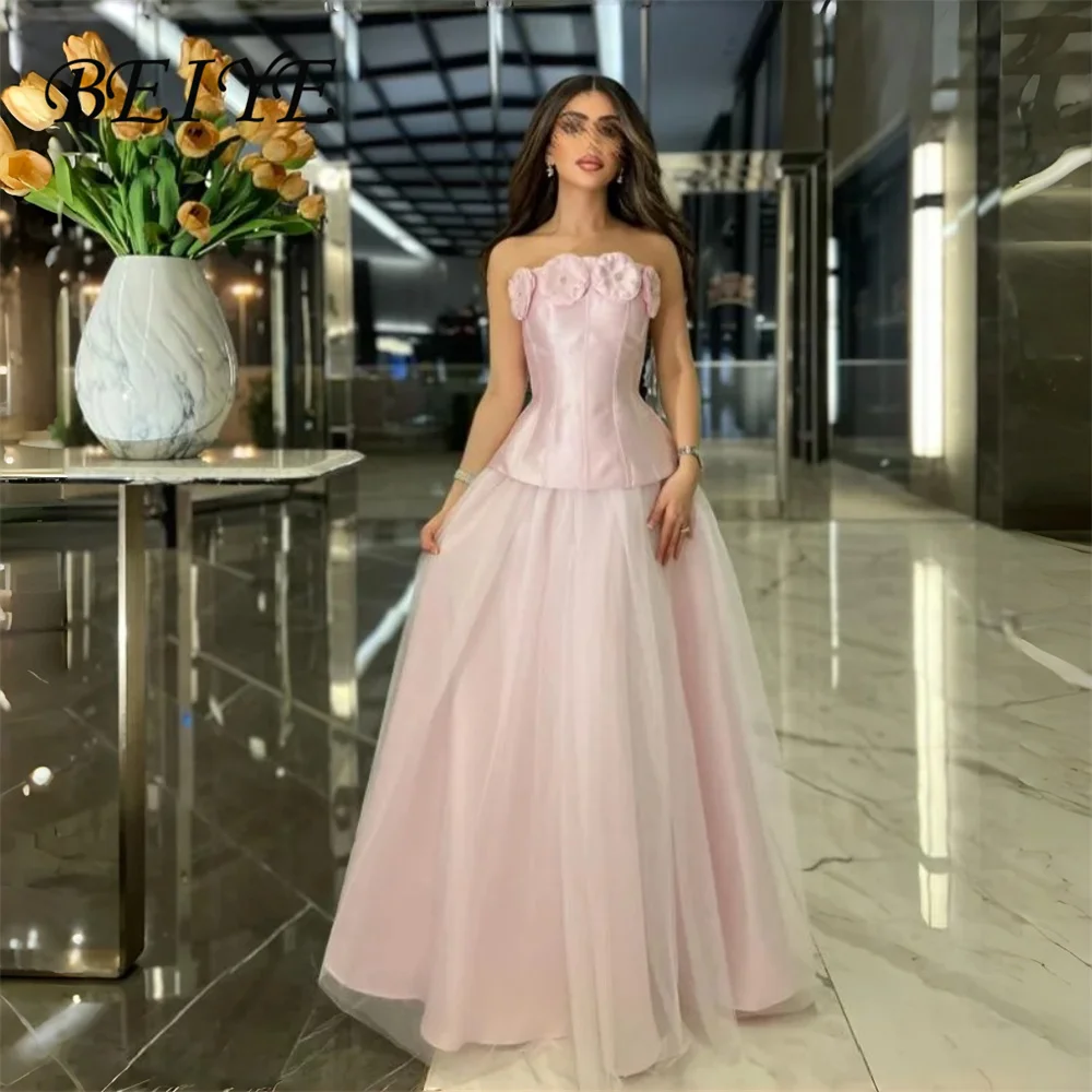 BEIYE Nowoczesna Różowa Satynowa Suknia Wieczorowa w Kształcie Litery A, Kwiaty, Bez Ramiączek, Odkryte Plecy, Plisowana Tiulowa Suknia na Przyjęcie, Szyta na Miarę فساتين سهرة