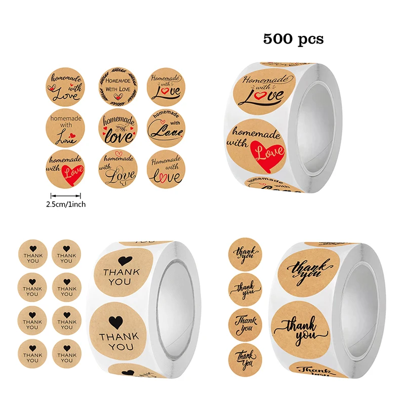 500pcs/roll Kraft Round Self-adhesive Label Paper Thank You Sticker Items Classification Name Stickers Personalized Labels