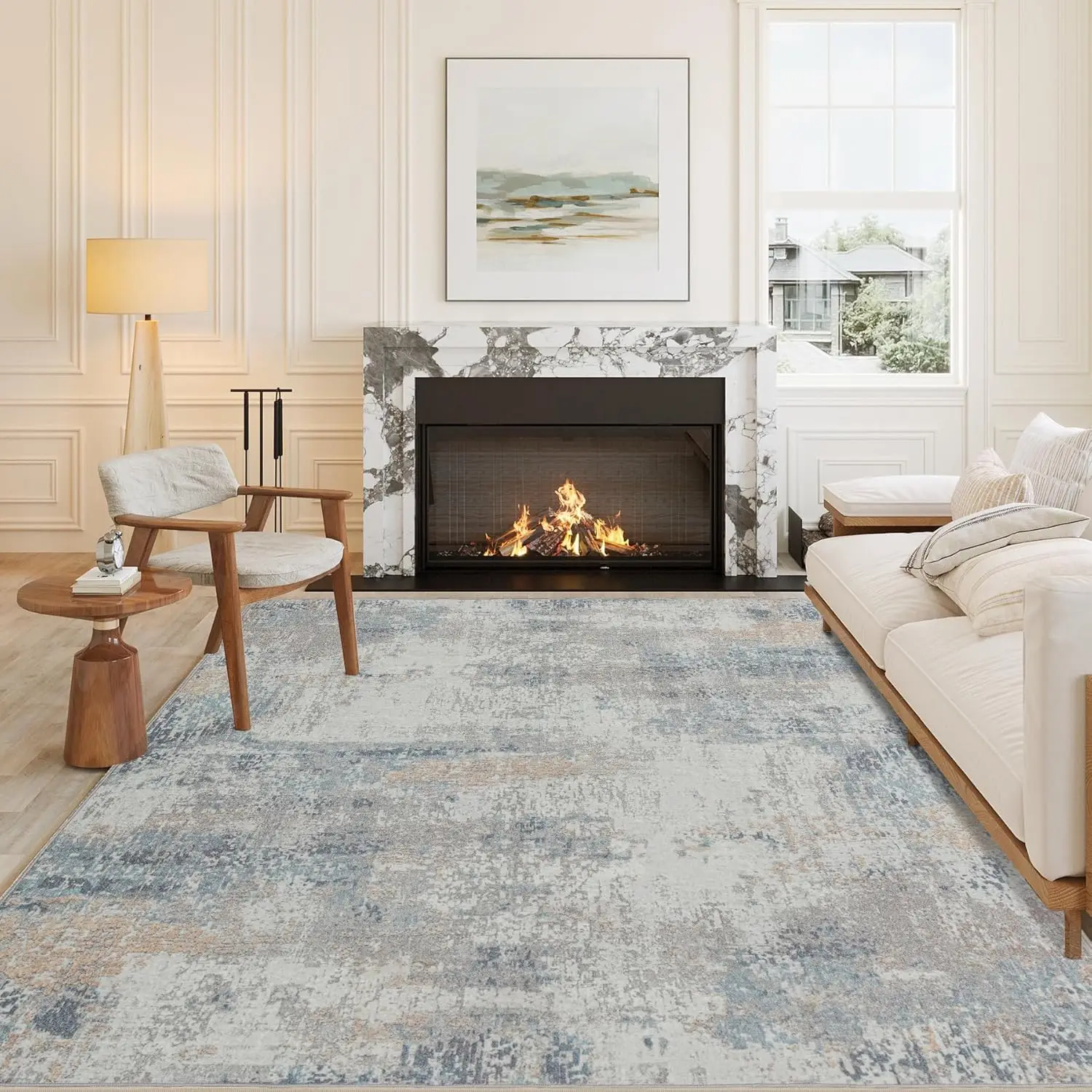 10x14 Washable Area Rug Blue Cream Abstract Modern Living Room Bedroom Extra Large Throw Rug Non Slip Soft Thin Simple Indoor Fl