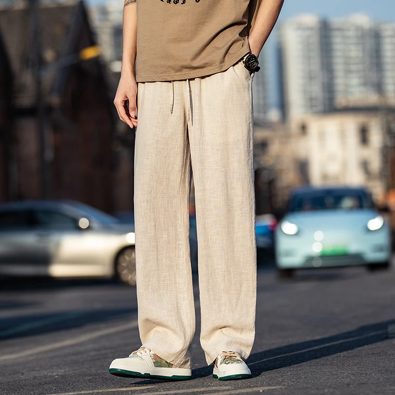 

Мужские летние тонкие прямые брюки из хлопка и льна, повседневные свободные широкие брюки в стиле ретро, японский стиль, комфортные, дышащие