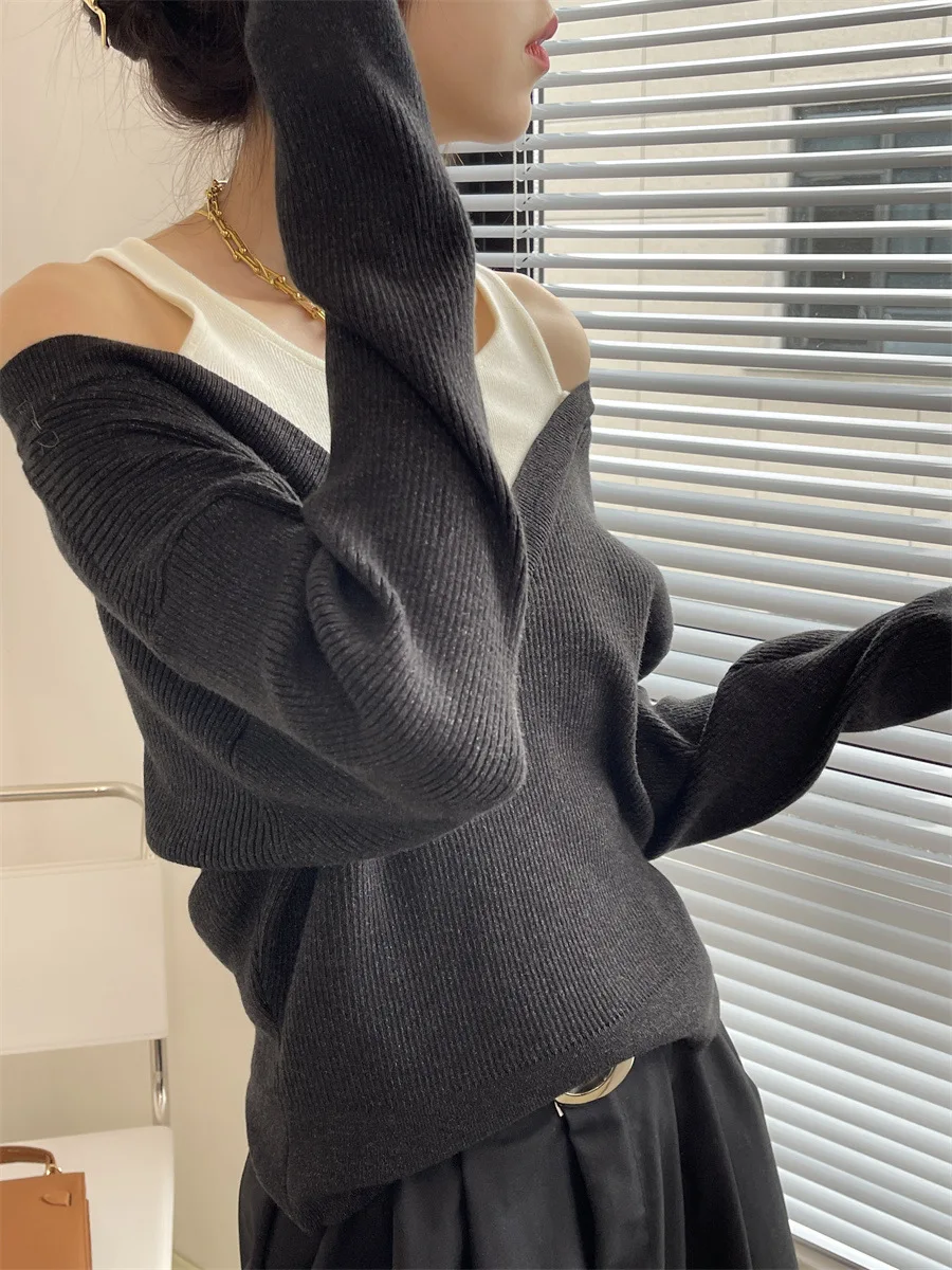 2024 New Arrival Women Long Sleeve Sweater Sexy Off Shoulder Patchwork Clothes Knitted Pullovers Casual Sweater Pull Femme