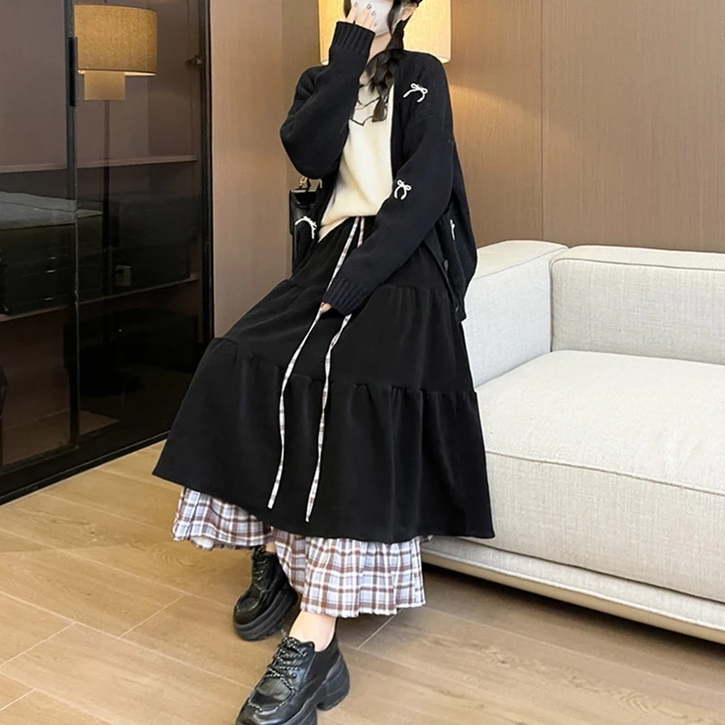 Gonne lunghe patchwork finte in due pezzi Donna Autunno Gonna longuette in velluto a coste vintage Donna Elegante gonne maxi con lacci in colore a contrasto