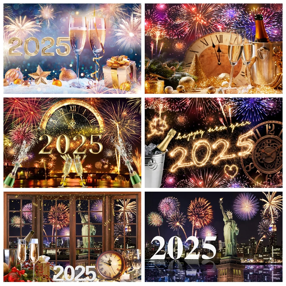 2025 Happy New Year Fireworks Photography Backdrop New Year Eve Clocks Champagne Family Party Christmas Photo Background Decor