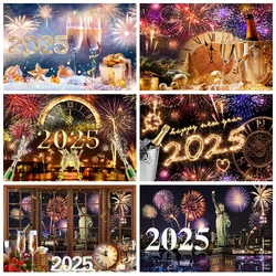 2025 Happy New Year Fireworks Photography Backdrop New Year Eve Clocks Champagne Family Party Christmas Photo Background Decor