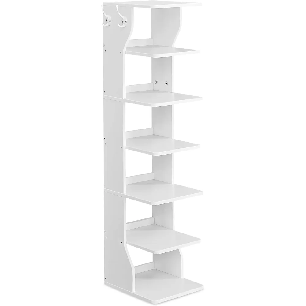 Vertical Shoe Rack, Narrow Shoe Storage Organizer with Hooks, Slim Wooden Corner Shoe Tower Rack, Robust and Durable