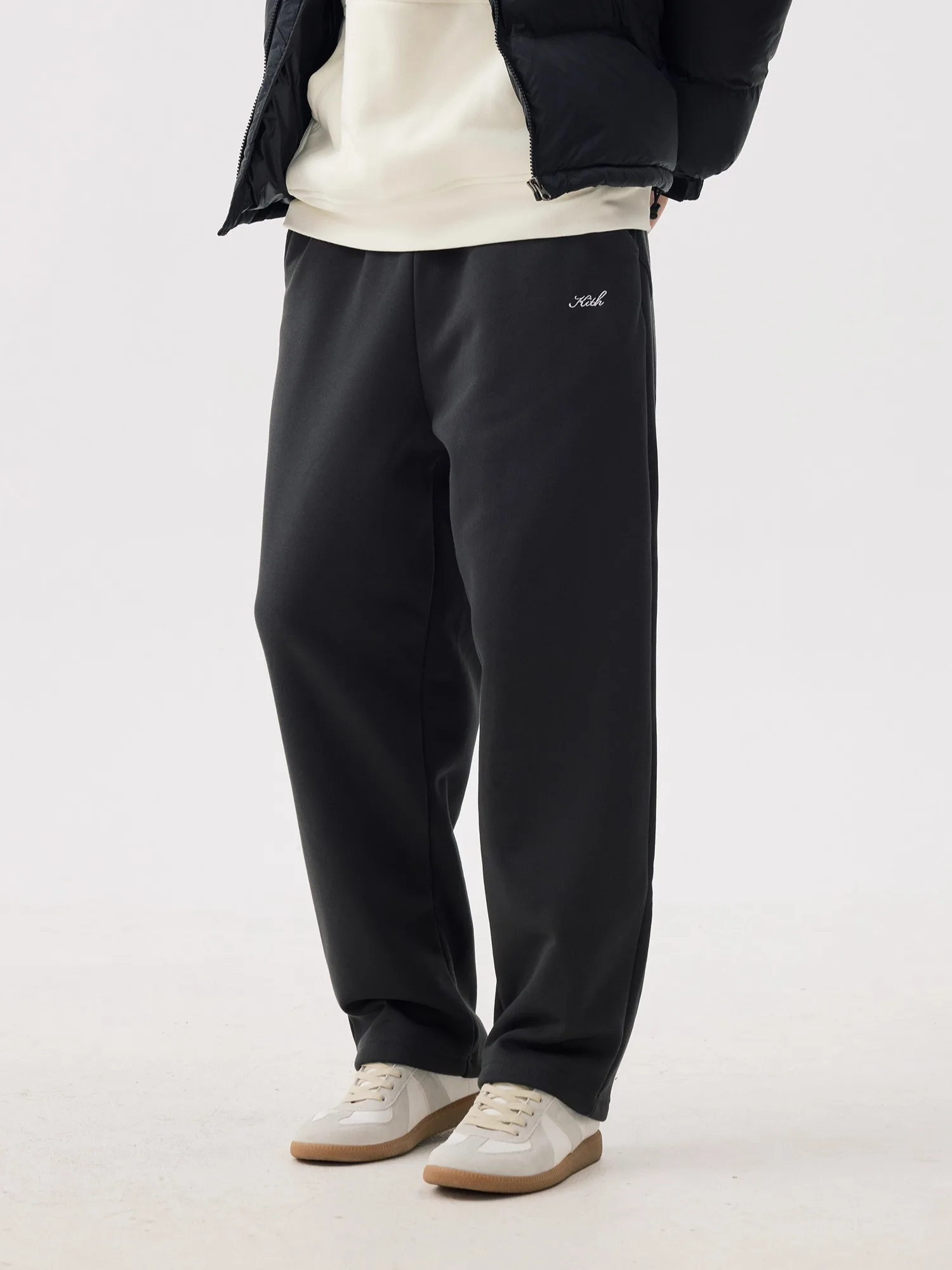 KITH Men's Fleece Lined Straight Leg Sport Pants Casual Loose Drapey Stitched Detail American Wide Leg Autumn Winter Trousers