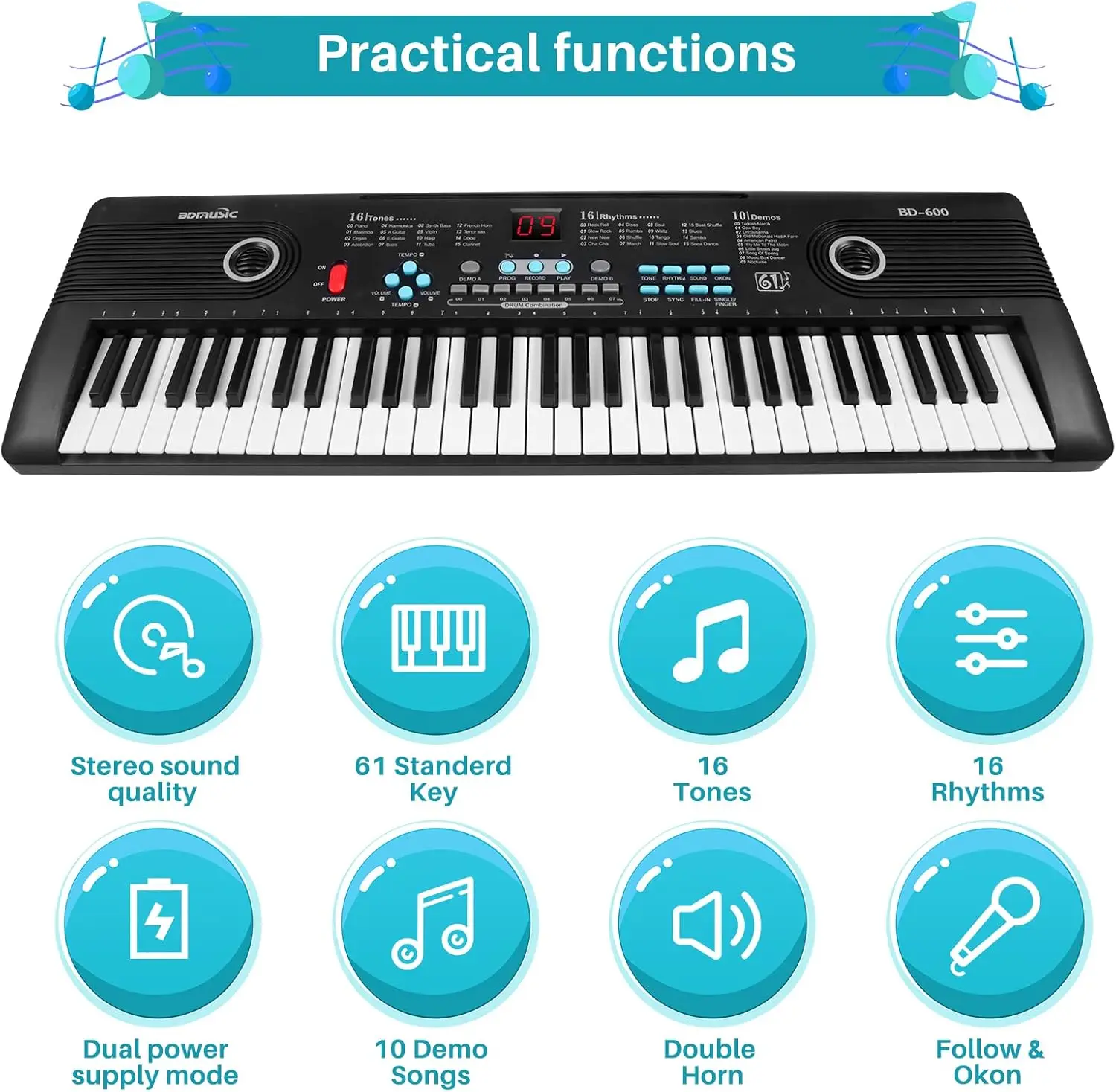 61-Key Portable Electronic Digital Piano Keyboard with Built-In Dual Speakers, External Microphone, Power Plug, and Rich Teach Features