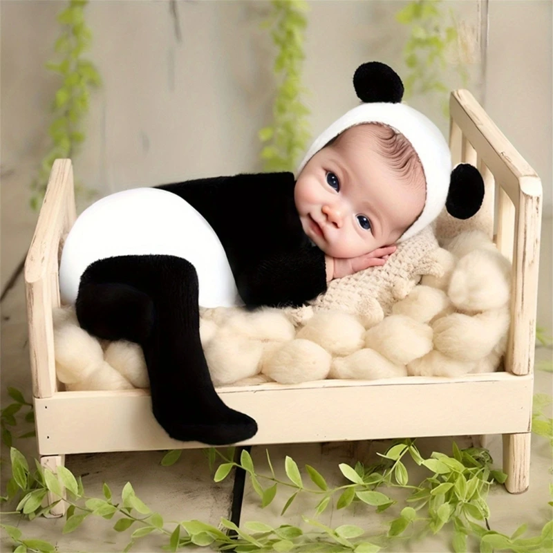 Adorable Newborns Photography Costume Panda Themed Jumpsuit & Adjustable Chin Strap Hat Photoshoots Props