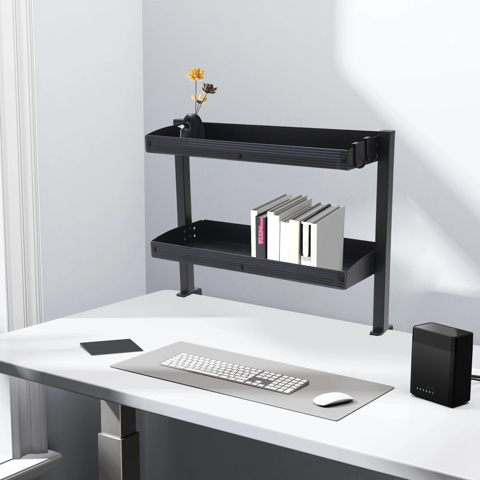 

2-уровневая настольная полка с зажимом, регулируемый лоток для хранения, компактный держатель стола для офисов, спален, гостиных, черный/белый