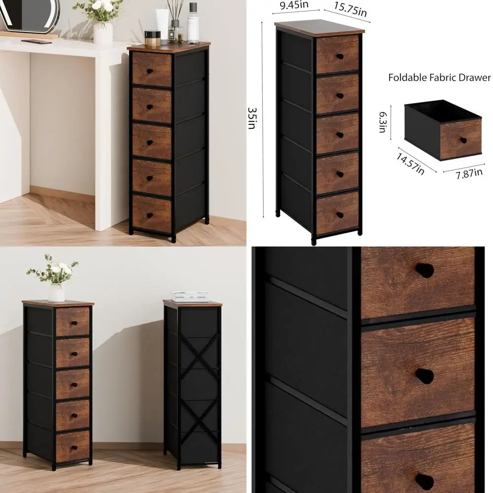 

Slim 5-Drawer Tall Storage Cabinet for Small Spaces, Rustic Brown Finish