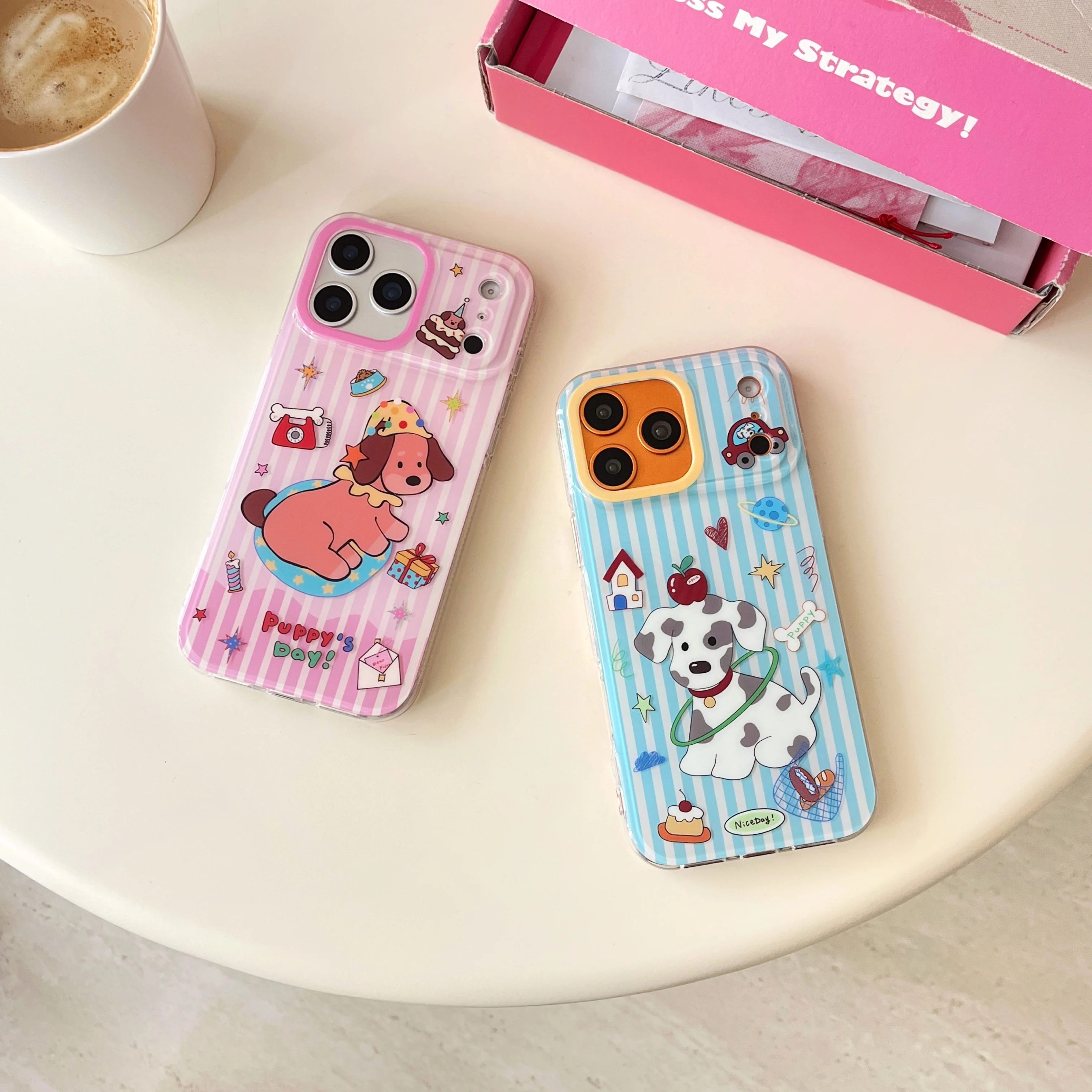 Korean INS Striped Puppy Anti-fall Acrylic Phone Case For iPhone 17 16 Pro 15  Pro Max Cover Shockproof Cute Protective Cases