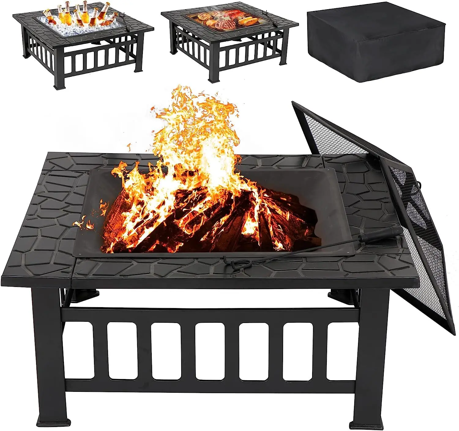 

32 Inch Outdoor Fire Pit for Backyard Patio Garden Wood Burning Metal Fireplace with Poker and Weatherproof Cover Portable