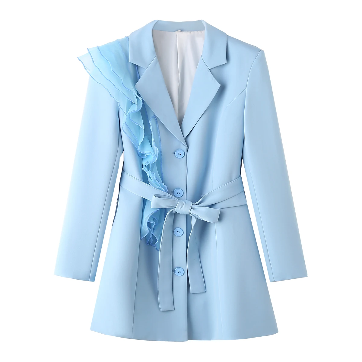 Tangada 2024 Women Blue Ruffles Blazer Coat With Slash Long Sleeve Pockets Female Suit DA010