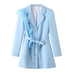 Tangada 2024 Women Blue Ruffles Blazer Coat With Slash Long Sleeve Pockets Female Suit DA010