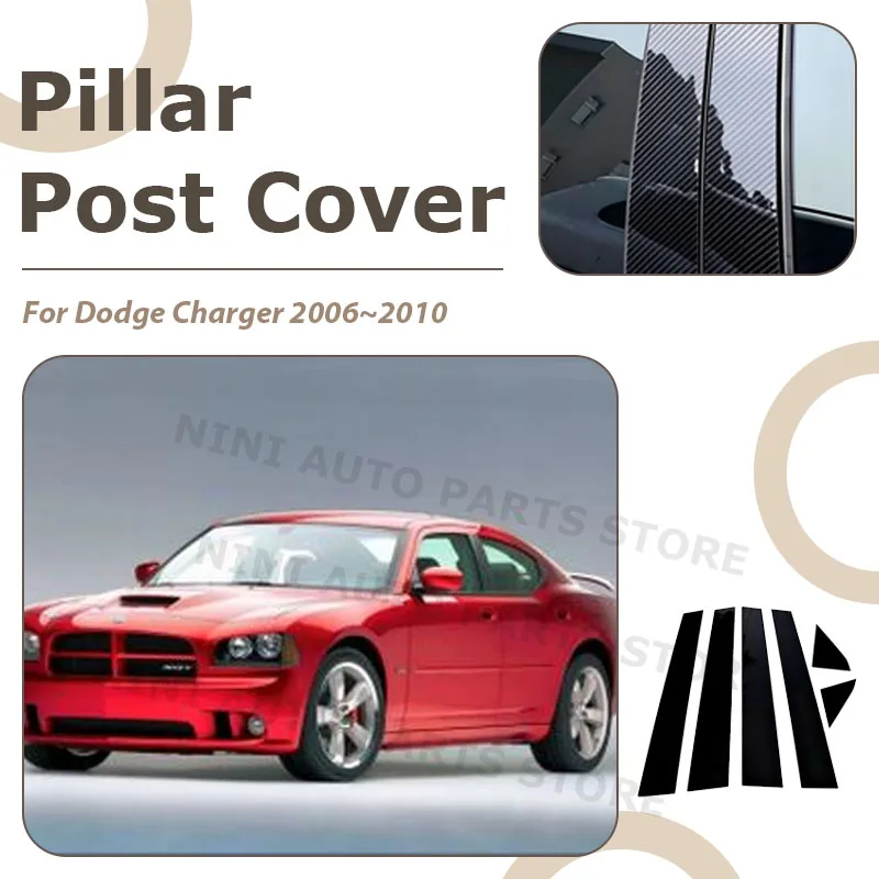 6Pcs Silver Carbon Door Window Trim Cover Stickers Pillar Posts Fit For Dodge Charger 2006 2007 2008 2009 2010