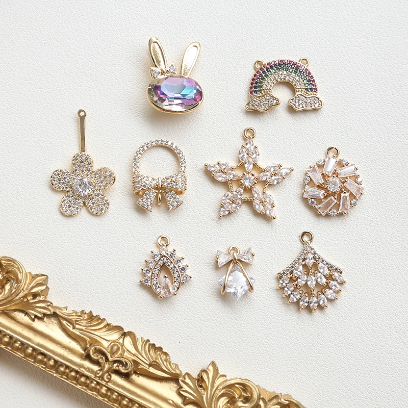 1pcs Copper Set Zircon Snow Rabbit Head Rainbow Flower Pendant Diy Handmade Jewelry Earrings Necklace Accessories Handmade Charm