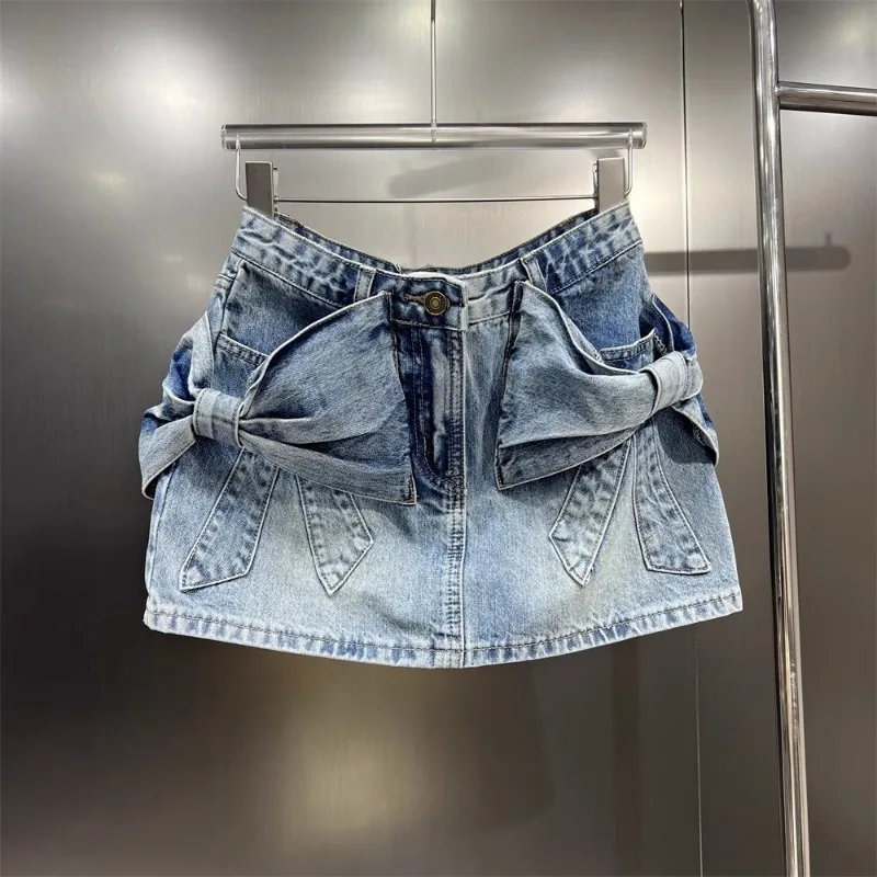 New Fashion Cute Bow Denim Skirt Women New Spring Summer Design Student Mini Skirt Solid Color Leisure Women Short Skirt