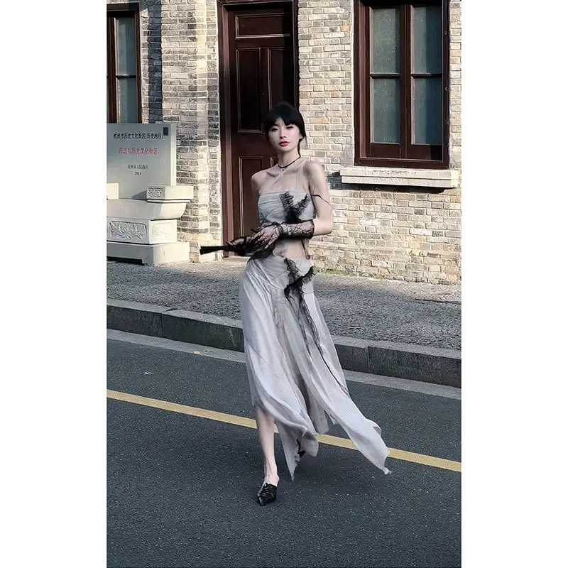 American Dark Style Fashionable Spliced Color-blocking Mesh Line Dress Set for Women Punk Mesh Summer