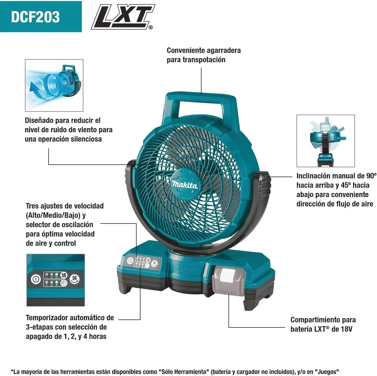 DCF203Z-Ventilateur sans fil Lithium-Ion LXT, 18V, 9-1/4 ", sélecteur d'oscillation pour une vitesse optimale de l'air et un contrôle du bruit du vent réduit