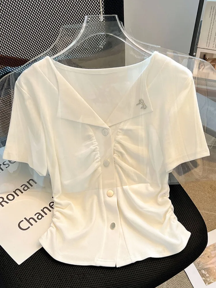 

Белая футболка из чистого хлопка V-Ne ort Sve, женская летняя новинка со сложенной талией, уникальный красивый маленький модный топ