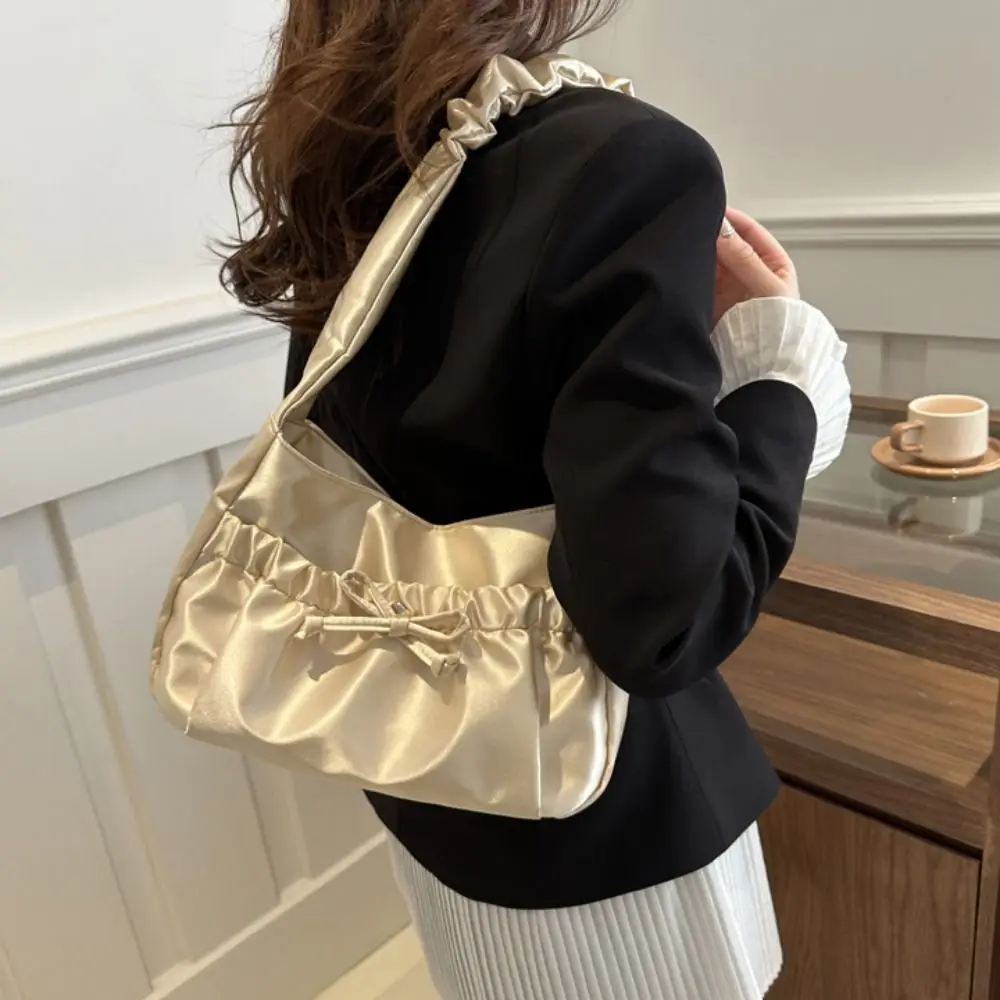 Satin Pleated Hand Bag Simple Bow Portable Fashion Underarm Bag Luxury Korean Style INS Shoulder Bag Storage Bag