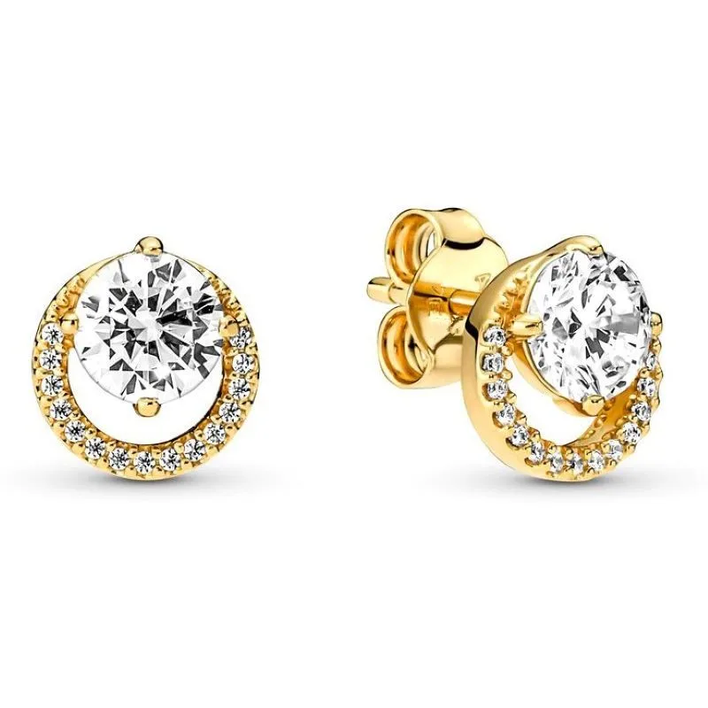 

Original Sparkling Gold Round Halo With Crystal Stud Earrings For Women 925 Sterling Silver Wedding Gift Fashion Jewelry