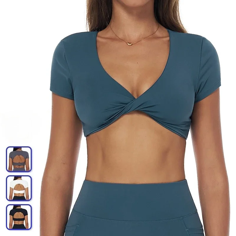 

Сексуальные укороченные топы с глубоким v-образным вырезом и открытой спиной, женская рубашка для йоги с коротким рукавом, тонкие короткие топы для фитнеса и тренировок, спортивная одежда, футболка для бега