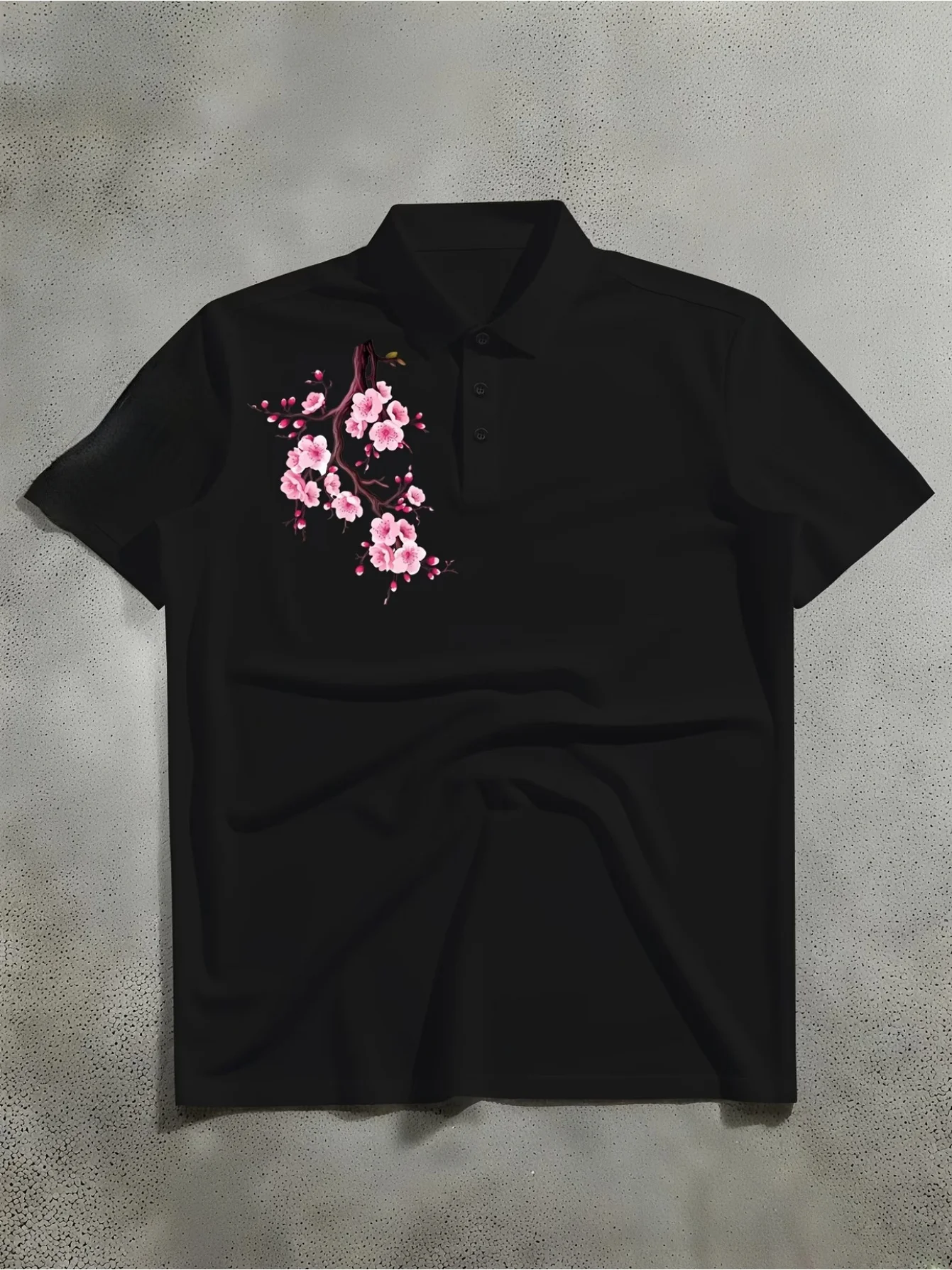 Summer T-shirt casual fashion retro classic short sleeved T-shirt peach blossom branch pattern Polo shirt trendy street comfort