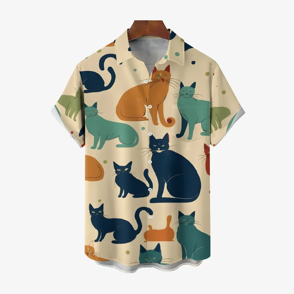 

2024 New Men's Shirts Summer Fashion Luxury Brand Shirt Animal Pattern Print Cat Short Sleeve Shirts Male Hawaiian Clothing Top