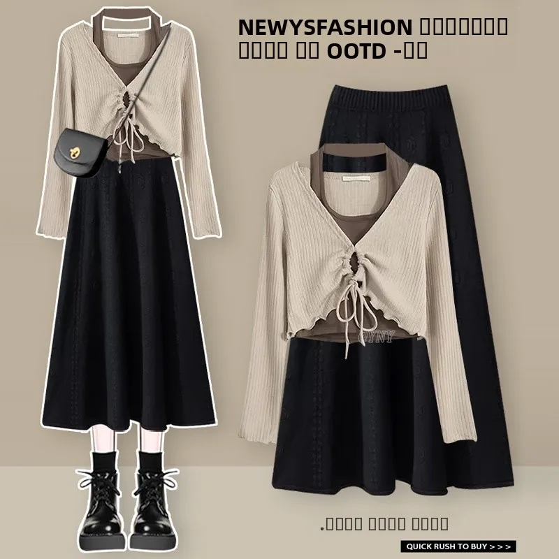 

Утягивающая юбка-миди с высокой талией и топ, женский модный осенний наряд, V-ne Long Sve Ele Sle, студенческий рабочий orm