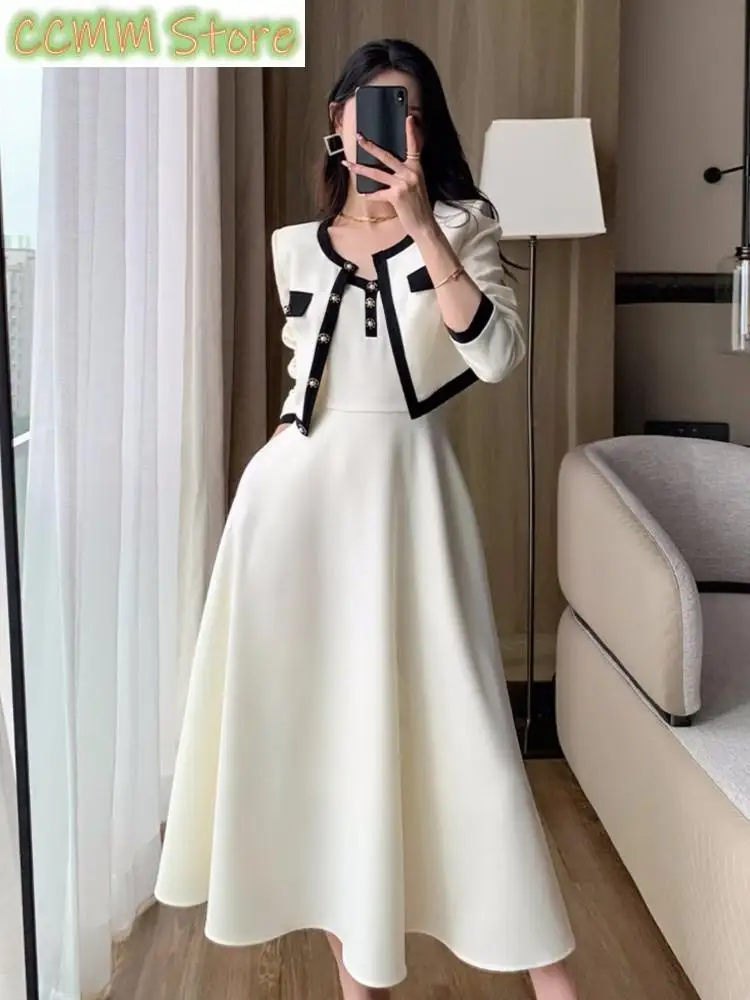 Elegant Solid Midi Dress 2 Piece Set Office Lady Chic Suit Spring Short Jacket Sleveless A-line Dresses Outfits Korean Clothes