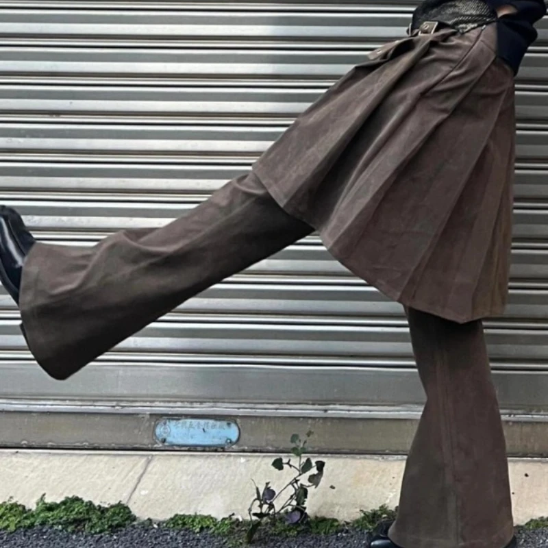 Zweiteilige Retro-Jeansrockhose aus Kunstleder für Damen, lässig und locker, schlankmachend und mit einem A-Linien-Design mit weitem Bein und ausgestelltem Design.