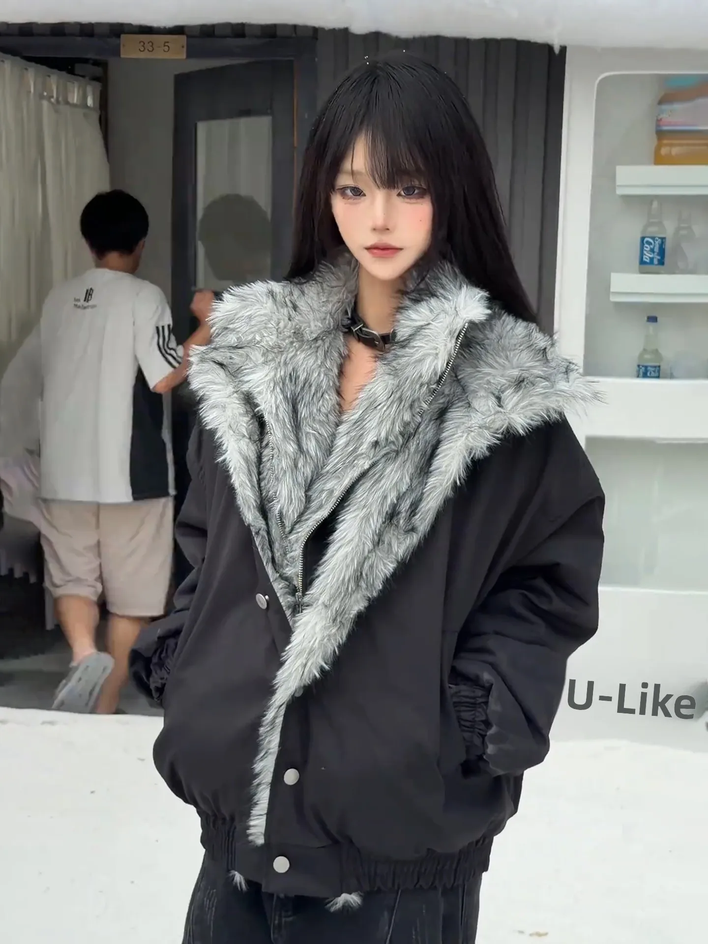 

American Sle Men's ort Thiened Fce Lined Warm Cotton Jaet Simulated Fur Double Layer Collar Mountain Eagle Coat