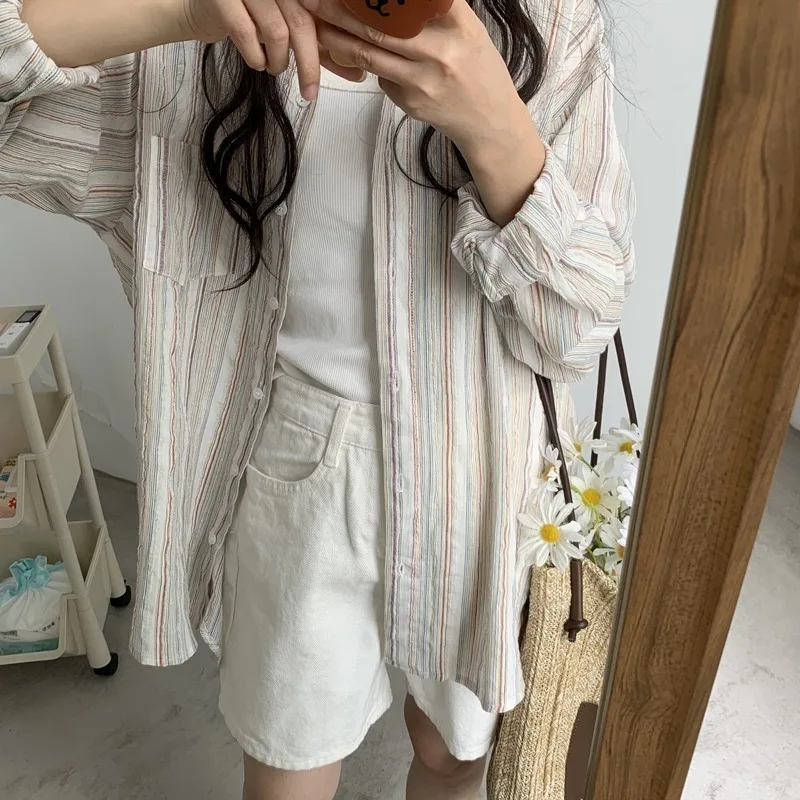 Casual Loose Cotton Shirts for Women, Striped Sunscreen Shirt with Pocket, Button Clothes, New Fashion, 2021 Spring, 781