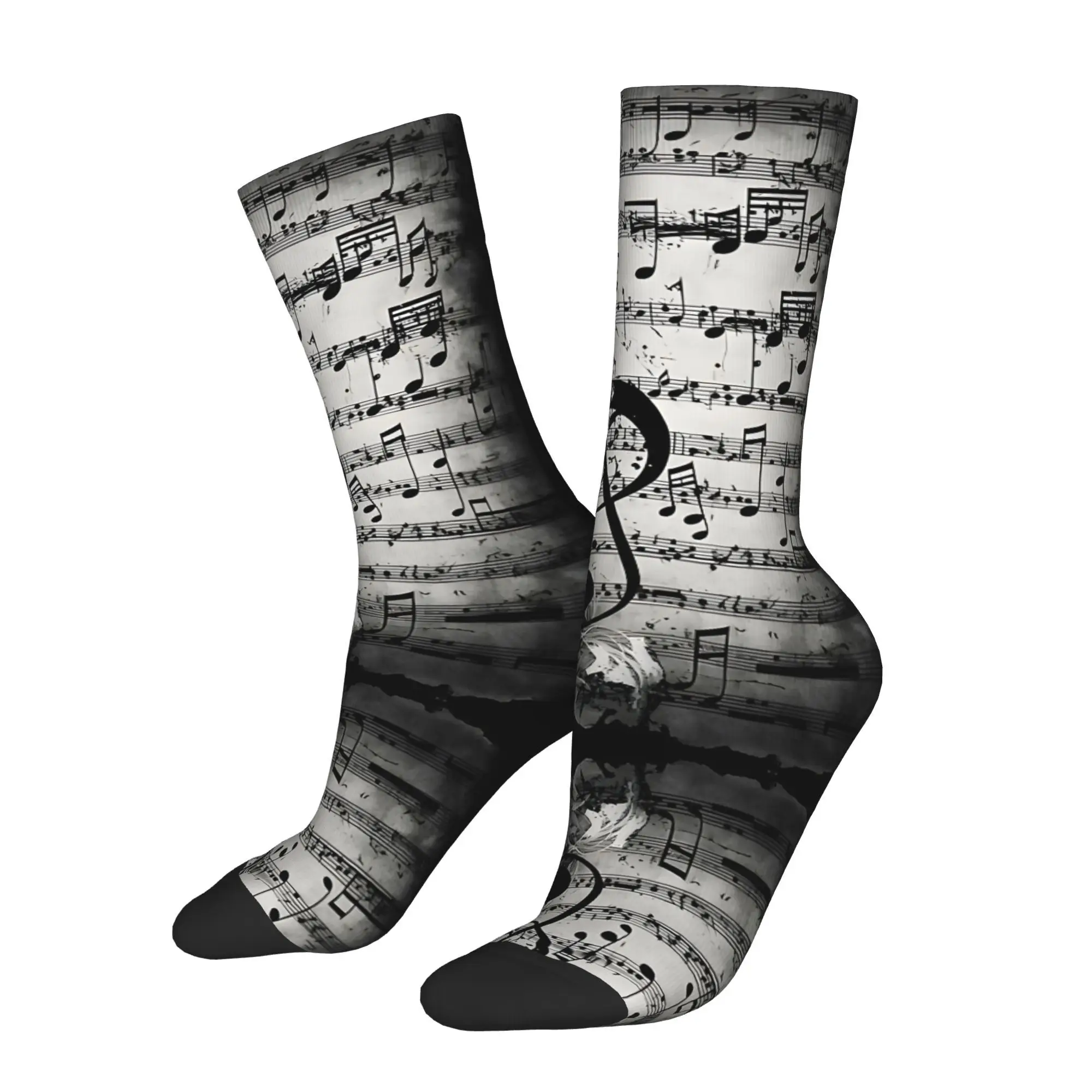 1pc Black And White Treble Clef Musical Score  Printed Men's Socks Novelty Hip Hop Harajuku Pattern Crew Sock Casual Gift