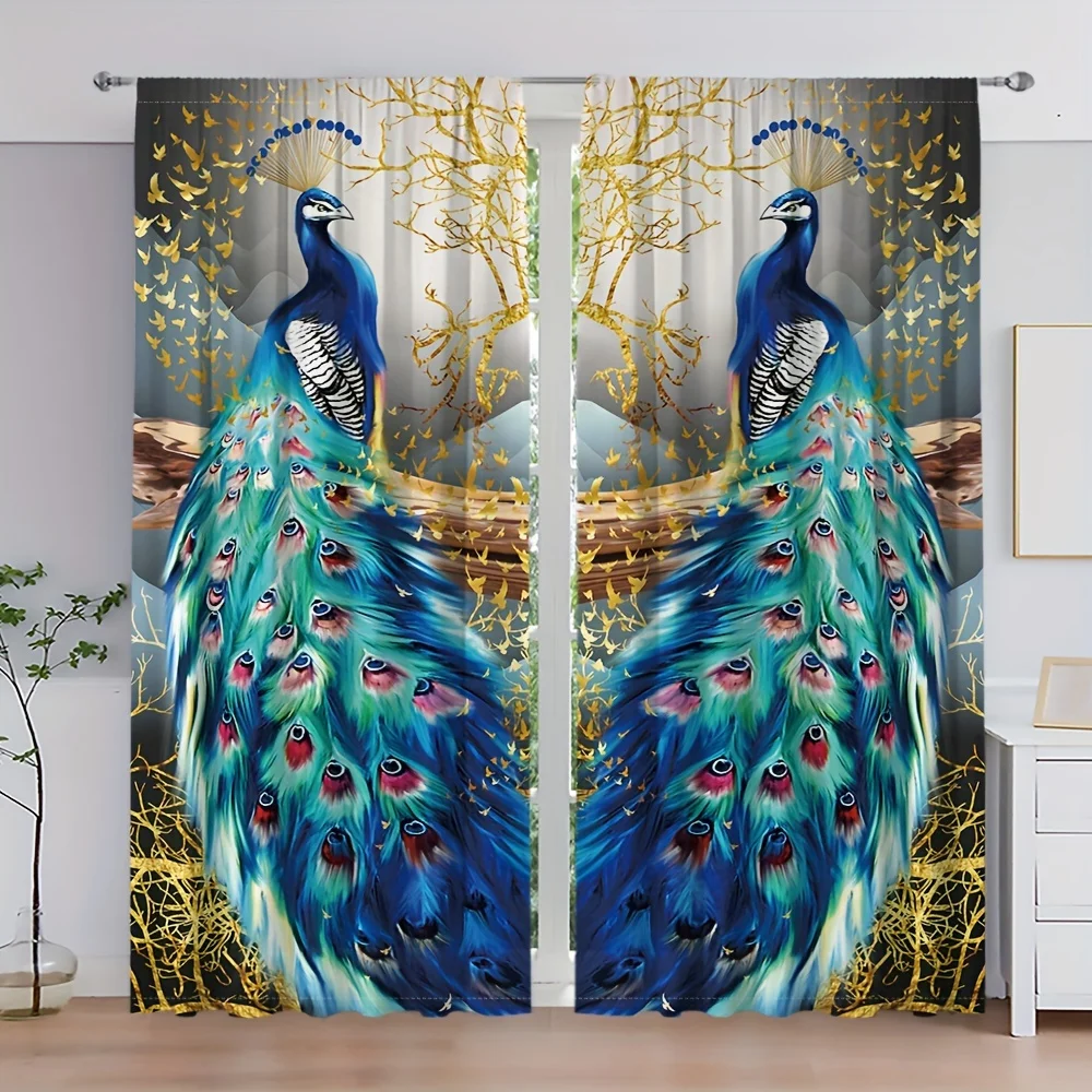 

Beautiful Blue Golden Peacock Animal Window Curtains Blinds For Living Room Kids Bedroom Bathroom Kicthen Door Home Decor2Pcs